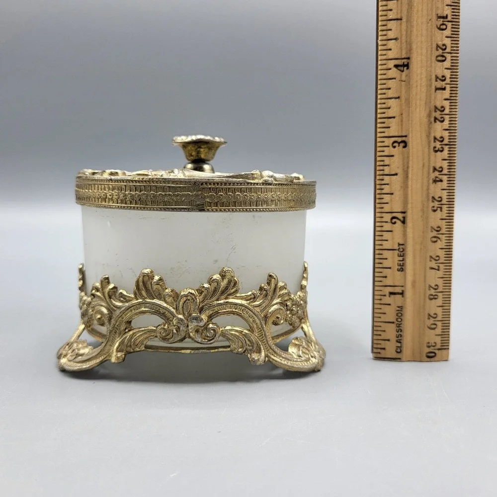 Vintage French Ormulo Trinket Box Vanity Jar Gold Filigree Frosted Glass Footed